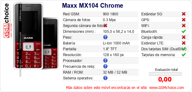 Maxx MX104 Chrome Datos técnicos del móvil Maxx MX104 Chrome Datos técnicos del móvil