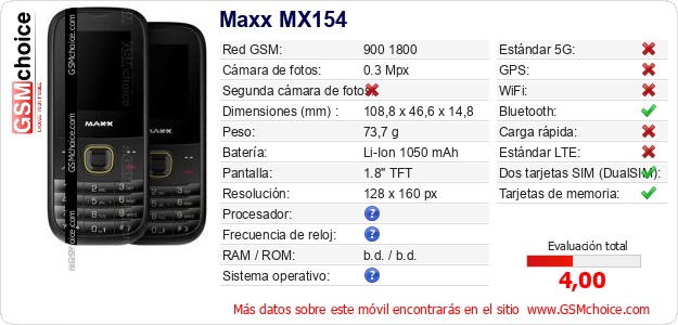 Maxx MX154 Datos técnicos del móvil 