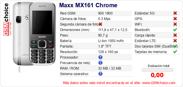 Maxx MX161 Chrome Datos técnicos del móvil 