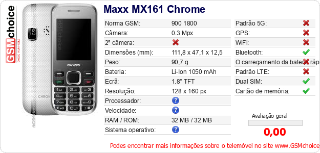 Maxx MX161 Chrome Especificações técnicas do telemóvel 