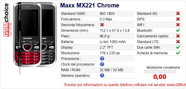 Maxx MX221 Chrome Dati tecnici di telefono cellulare Maxx MX221 Chrome Dati tecnici di telefono cellulare
