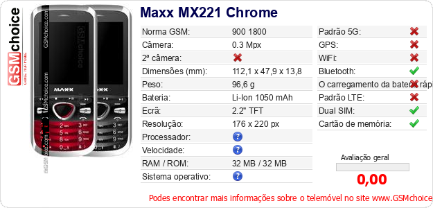 Maxx MX221 Chrome Especificações técnicas do telemóvel Maxx MX221 Chrome Especificações técnicas do telemóvel