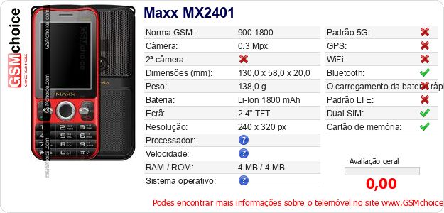 Maxx MX2401 Especificações técnicas do telemóvel 