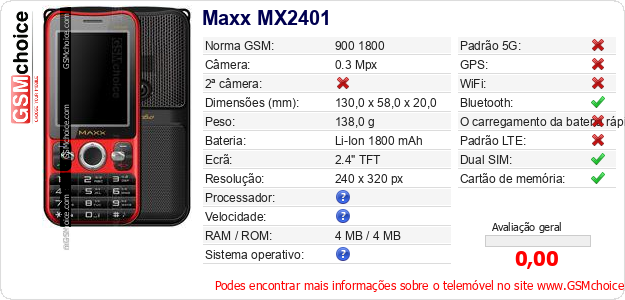 Maxx MX2401 Especificações técnicas do telemóvel 