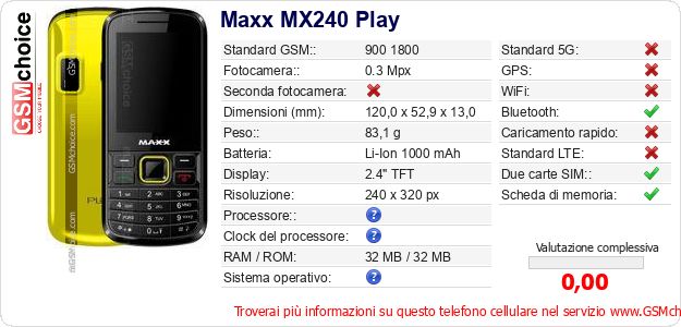 Maxx MX240 Play Dati tecnici di telefono cellulare Maxx MX240 Play Dati tecnici di telefono cellulare