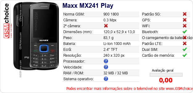 Maxx MX241 Play Especificações técnicas do telemóvel 