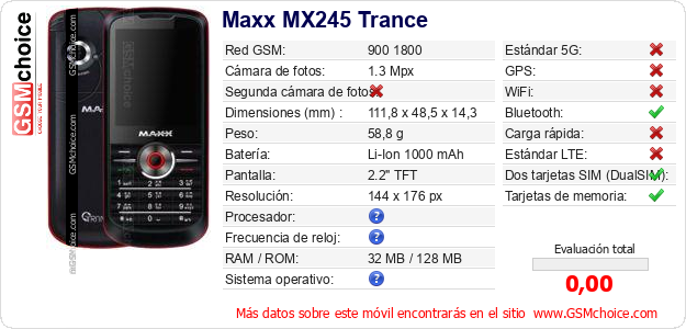 Maxx MX245 Trance Datos técnicos del móvil Maxx MX245 Trance Datos técnicos del móvil