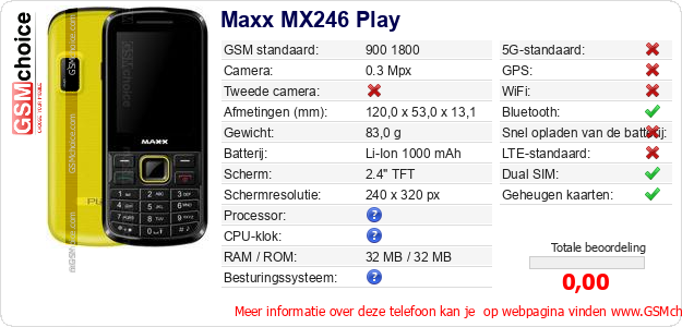 Maxx MX246 Play Technische gegevens Maxx MX246 Play Technische gegevens
