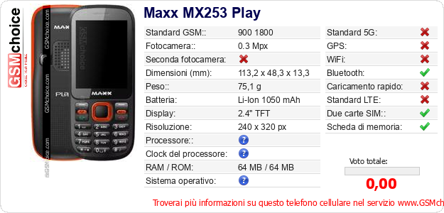 Maxx MX253 Play Dati tecnici di telefono cellulare Maxx MX253 Play Dati tecnici di telefono cellulare