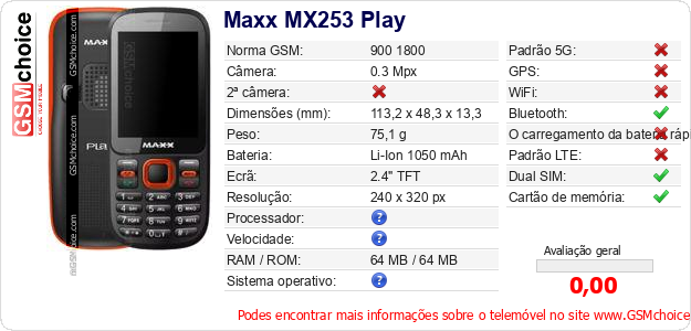 Maxx MX253 Play Especificações técnicas do telemóvel 