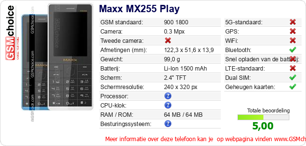 Maxx MX255 Play Technische gegevens 