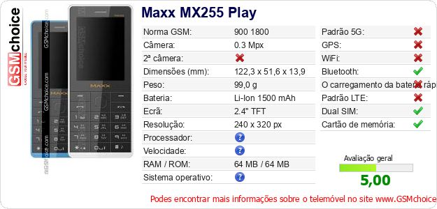 Maxx MX255 Play Especificações técnicas do telemóvel Maxx MX255 Play Especificações técnicas do telemóvel