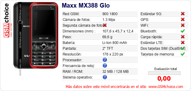 Maxx MX388 Glo Datos técnicos del móvil 