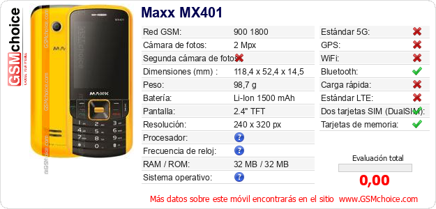Maxx MX401 Datos técnicos del móvil Maxx MX401 Datos técnicos del móvil