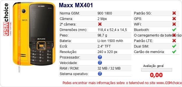 Maxx MX401 Especificações técnicas do telemóvel 