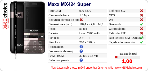 Maxx MX424 Super Datos técnicos del móvil 