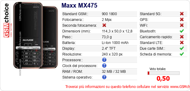 Maxx MX475 Dati tecnici di telefono cellulare 