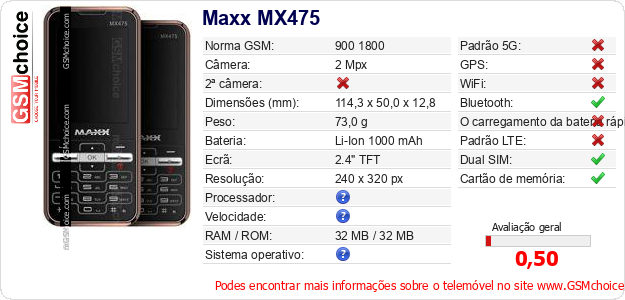 Maxx MX475 Especificações técnicas do telemóvel 