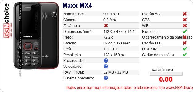 Maxx MX4 Especificações técnicas do telemóvel Maxx MX4 Especificações técnicas do telemóvel