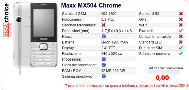Maxx MX504 Chrome Dati tecnici di telefono cellulare 