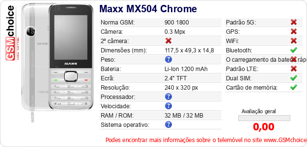 Maxx MX504 Chrome Especificações técnicas do telemóvel 