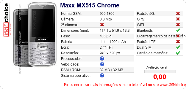 Maxx MX515 Chrome Especificações técnicas do telemóvel Maxx MX515 Chrome Especificações técnicas do telemóvel