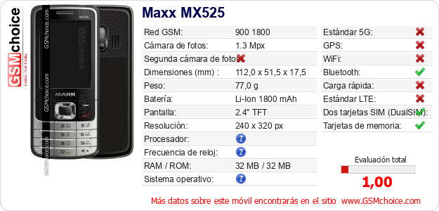 Maxx MX525 Datos técnicos del móvil 