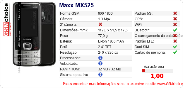 Maxx MX525 Especificações técnicas do telemóvel 