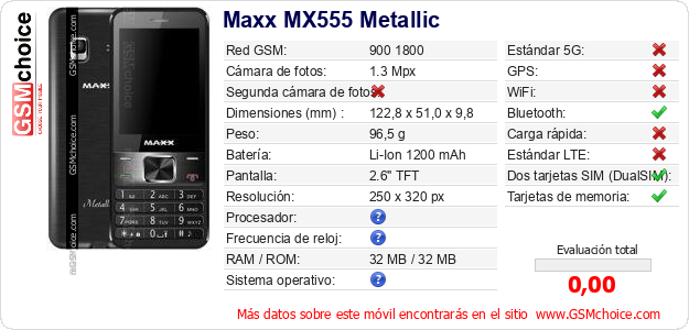 Maxx MX555 Metallic Datos técnicos del móvil 