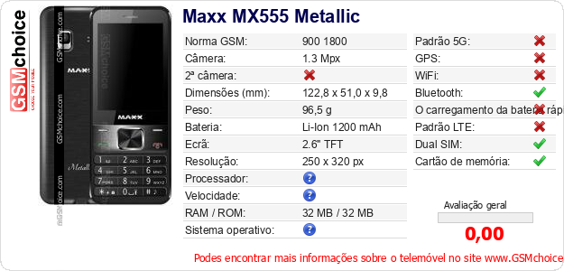 Maxx MX555 Metallic Especificações técnicas do telemóvel Maxx MX555 Metallic Especificações técnicas do telemóvel