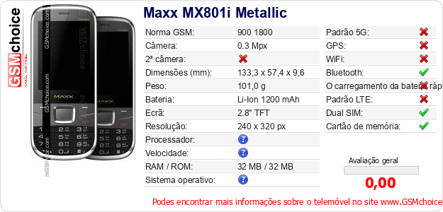 Maxx MX801i Metallic Especificações técnicas do telemóvel Maxx MX801i Metallic Especificações técnicas do telemóvel