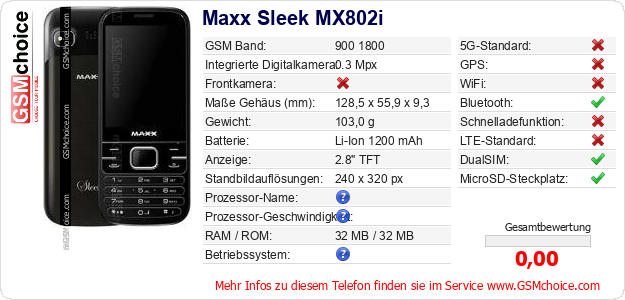 Maxx Sleek MX802i technische Daten Maxx Sleek MX802i technische Daten