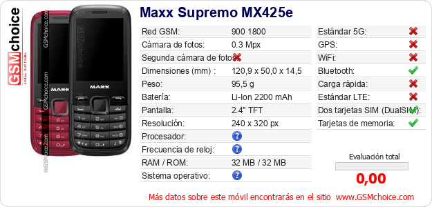 Maxx Supremo MX425e Datos técnicos del móvil Maxx Supremo MX425e Datos técnicos del móvil