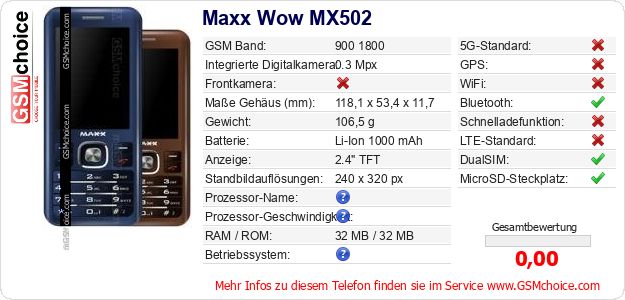 Maxx Wow MX502 technische Daten Maxx Wow MX502 technische Daten