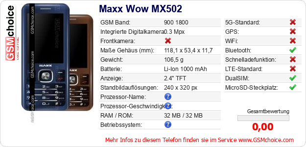 Maxx Wow MX502 technische Daten Maxx Wow MX502 technische Daten