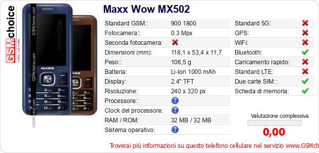 Maxx Wow MX502 Dati tecnici di telefono cellulare Maxx Wow MX502 Dati tecnici di telefono cellulare