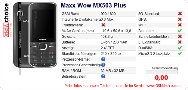Maxx Wow MX503 Plus technische Daten Maxx Wow MX503 Plus technische Daten