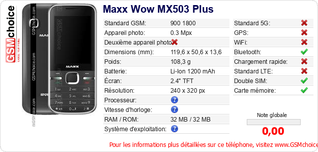 Maxx Wow MX503 Plus Fiche technique Maxx Wow MX503 Plus Fiche technique
