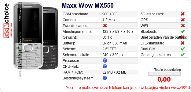 Maxx Wow MX550 Technische gegevens Maxx Wow MX550 Technische gegevens
