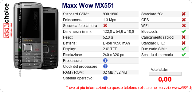 Maxx Wow MX551 Dati tecnici di telefono cellulare 