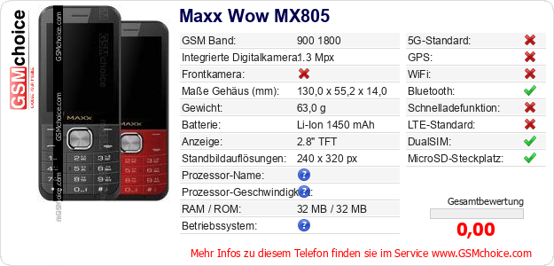 Maxx Wow MX805 technische Daten Maxx Wow MX805 technische Daten