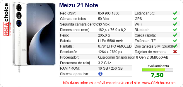 Meizu 21 Note Datos técnicos del móvil 