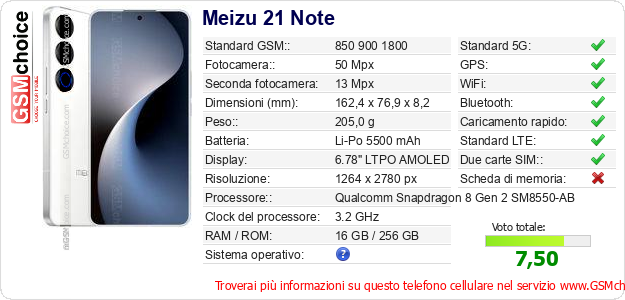 Meizu 21 Note Dati tecnici di telefono cellulare 