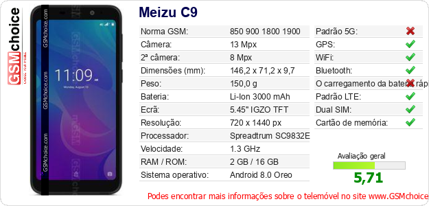 Meizu C9 Especificações técnicas do telemóvel 