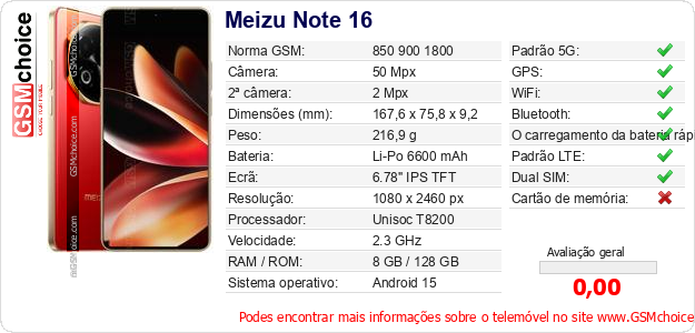 Meizu Note 16 Especificações técnicas do telemóvel 