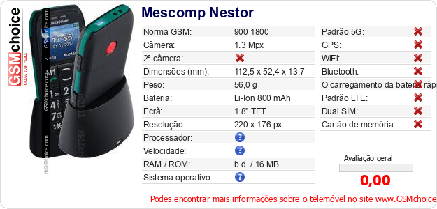 Mescomp Nestor Especificações técnicas do telemóvel Mescomp Nestor Especificações técnicas do telemóvel