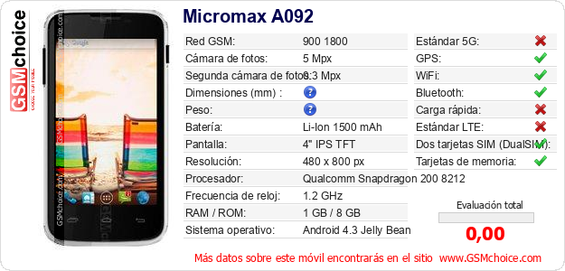 Micromax A092 Datos técnicos del móvil 
