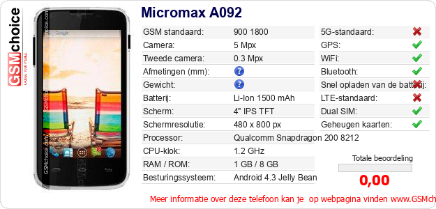 Micromax A092 Technische gegevens Micromax A092 Technische gegevens