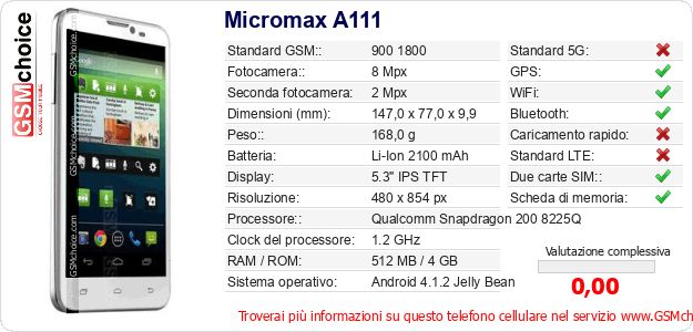 Micromax A111 Dati tecnici di telefono cellulare Micromax A111 Dati tecnici di telefono cellulare