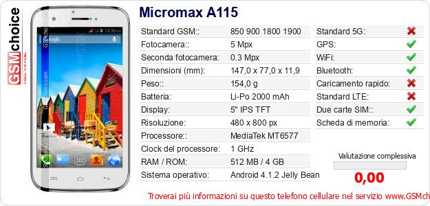 Micromax A115 Dati tecnici di telefono cellulare Micromax A115 Dati tecnici di telefono cellulare
